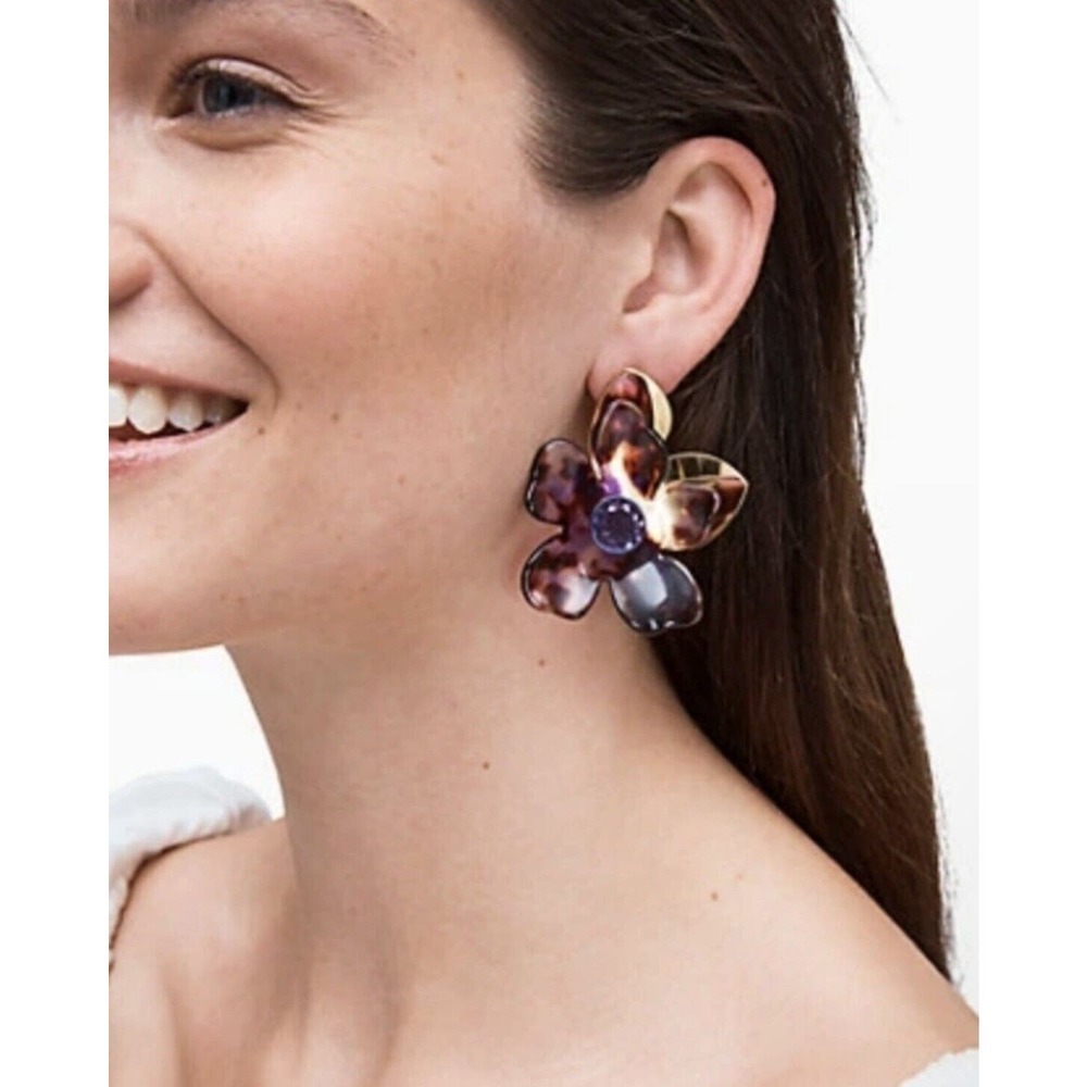Kate Spade‎ Large Purple Brown Floral PETAL PUSHER Gold Plated Statement Earring